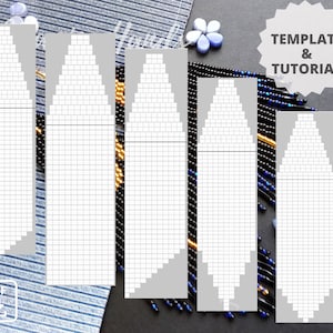 Könnte beinhalten: Eine digitale Vorlage und ein Tutorial für ein Perlendesign mit einem Rastermuster in Weiß und Grau. Das Bild enthält den Text "TEMPLATE & TUTORIAL" und ein PDF-Download-Symbol. Das Design wird in mehreren Varianten angezeigt.
