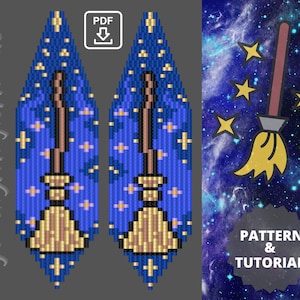 Puede incluir: Un par de pendientes de cuentas con fondo azul y un diseño de escoba dorada. Los pendientes tienen forma de lágrima y presentan un patrón de estrellas. La imagen también incluye una escoba con un mango amarillo y un cepillo dorado. El texto "PATTERN & TUTORIAL" también está incluido en la imagen.