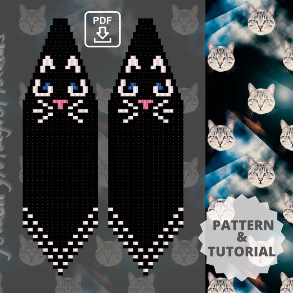 Earrings black cat Brick stitch pattern tutorial for dangle earrings, Beaded fringe long earrings Digital PDF pattern Do it yourself