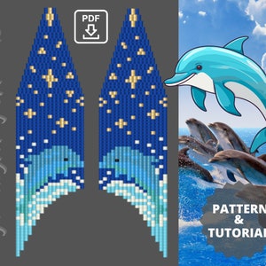 May include: A digital pattern and tutorial for beaded earrings featuring a blue dolphin jumping out of the water with a starry night sky background. The pattern is available as a PDF download.