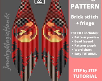 Wzór na kolczyki Red Moon | SAMOUCZEK krok po kroku: kolczyki z ceglanym ściegiem i frędzlami | Długie, koralikowe kolczyki | Cyfrowy plik PDF DIY