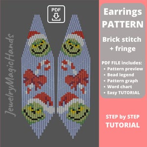 May include: A digital PDF pattern for brick stitch and fringe earrings featuring a light blue background with a repeating green character face wearing a red and white Santa hat and a red and white candy cane graphic. Includes text JewelryMagicHands.