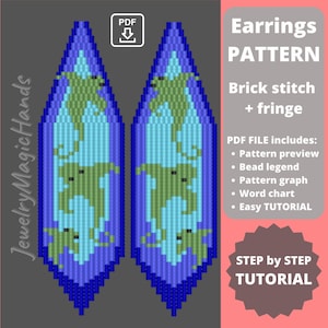 May include: A digital pattern for beaded earrings in the shape of a world map. The pattern is made with brick stitch and fringe. The pattern includes a preview, bead legend, graph, word chart, and easy tutorial.