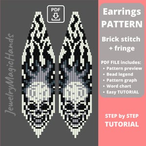 Skull Earrings pattern | Halloween long seed bead earrings | Step by step tutorial brick stitch fringe earrings | Funky Earrings | DIY PDF