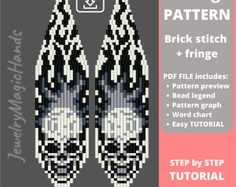 Patrón de pendientes de calavera / Pendientes largos de cuentas de Halloween / Tutorial paso a paso de pendientes con flecos en punto ladrillo / Pendientes divertidos / PDF DIY