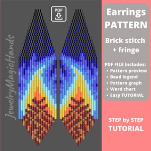 May include: Digital PDF pattern for beaded earrings. The design features a brick stitch with fringe, showcasing a colorful pattern in shades of blue, yellow, orange, and brown. The image includes the text "Earrings PATTERN" and "STEP by STEP TUTORIAL".