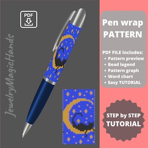 Könnte beinhalten: Ein Perlenmuster für eine Stiftummantelung mit einer Sichelmond, Sternen und einem Skorpion. Das Muster ist in den Farben Blau, Gelb und Schwarz gehalten. Das Bild enthält den Text "Pen wrap PATTERN" und "PDF FILE includes: Pattern preview, Bead legend, Pattern graph, Word chart, Easy TUTORIAL".