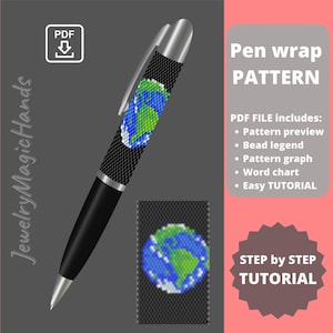 May include: A PDF pattern for a beaded pen wrap featuring a colorful Earth design. The pattern includes a preview, bead legend, graph, word chart, and easy tutorial.