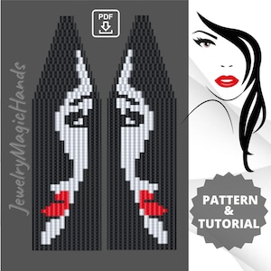 Pode incluir: Um padrão e tutorial para download digital para brincos de contas que apresenta um rosto estilizado em preto e branco com lábios vermelhos. O padrão é para uso com contas de sementes.
