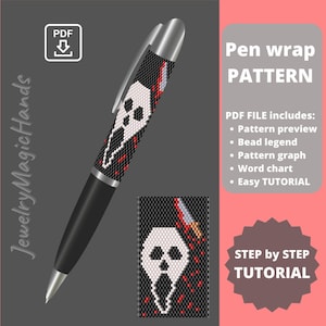 Op de afbeelding: Een zwarte pen met een zilveren punt en een kralen wikkel met een wit schedelontwerp op een zwarte achtergrond. De afbeelding bevat de tekst "Pen wrap PATTERN" en "STEP by STEP TUTORIAL".