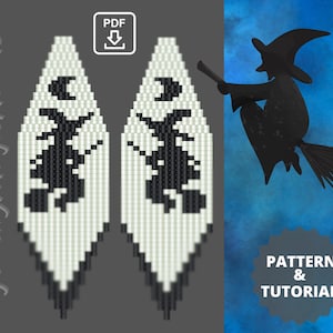 May include: A pair of black and white beaded earrings with a witch silhouette design. The earrings are shaped like teardrops and have a beaded fringe. The image also includes the text "JewelryMagicHands" and "PATTERN & TUTORIAL".