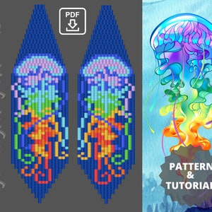 Pode incluir: Um padrão de joias de contas e um tutorial para fazer um par de brincos de água-viva coloridos. O padrão é mostrado no lado esquerdo da imagem, e uma ilustração de água-viva colorida é mostrada no lado direito da imagem.