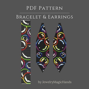 May include: A PDF pattern for a bracelet and earrings featuring a black background with colorful, circular bubble-like designs in red, yellow, green, blue, and white. The text reads PDF PATTERN BRACELET & EARRINGS and by JewelryMagicHands.