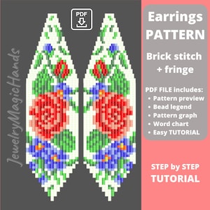 Può includere: Un modello digitale per orecchini con un design floreale in rosso, verde, blu e bianco. Il modello utilizza le tecniche del punto mattone e delle frange. L'immagine include il testo "Earrings PATTERN" e "STEP by STEP TUTORIAL".