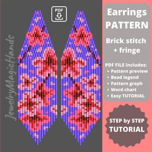 May include: A digital pattern for beaded earrings featuring a brick stitch design with a fringe. The earrings are a light purple color with pink and red flower accents. The pattern includes a step-by-step tutorial, bead legend, and word chart.