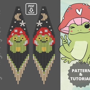 Op de afbeelding: Een paar kralen oorbellen met een kikker die een rode en witte paddenstoelhoed draagt. De oorbellen zijn zwart met witte en groene accenten. De achtergrond is grijs met de tekst "JewelryMagicHands" en "PDF" met een downloadpictogram.