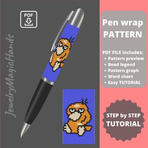 Könnte beinhalten: Ein PDF-Muster für eine Perlen-Stiftummantelung mit einer Comicfigur in Orange und Gelb. Das Muster enthält eine Perlenlegende, ein Diagramm, eine Worttabelle und eine einfache Anleitung.  "Pen wrap PATTERN" und "STEP by STEP TUTORIAL" sind auf dem Bild zu sehen.