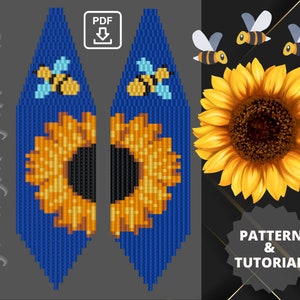 May include: A PDF pattern and tutorial for beaded earrings featuring a sunflower and bee design. The earrings are blue with yellow and orange sunflower details and a bee with blue wings.