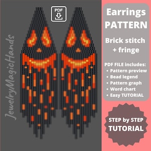 Peut inclure: Un modèle numérique pour des boucles d'oreilles en perles avec un motif de citrouille d'Halloween. Le modèle comprend un aperçu, une légende des perles, un graphique, un tableau de mots et un tutoriel facile. Les boucles d'oreilles sont réalisées en point de brique et en frange.