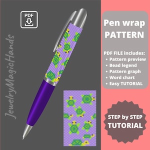 May include: A purple pen with a beaded design of green and yellow turtles on a lavender background. The pen is a PDF pattern for beading a pen wrap. The pattern includes a bead legend, graph, word chart, and tutorial.