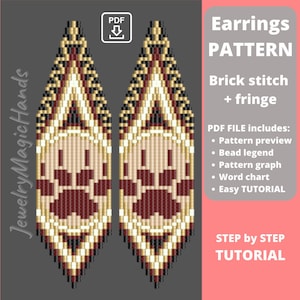Puede incluir: Un patrón digital para pendientes de cuentas. El diseño presenta una huella de pata en burdeos y beige, con un borde negro, beige y burdeos. El texto de la imagen dice "Earrings Pattern" y "Brick stitch + fringe".