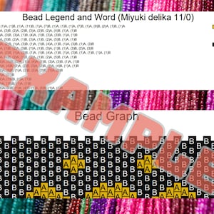 Pu&ograve; includere: Un grafico di perline e una legenda dettagliata per perline Miyuki Delica 11/0. L'immagine mostra un grafico di perline con un motivo di perline nere, gialle e bianche, insieme a una legenda che dettaglia i colori e le quantit&agrave; di perline.