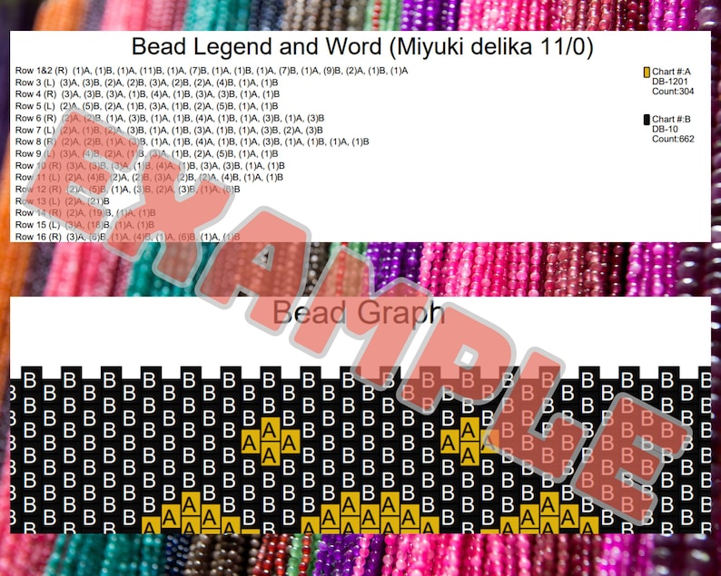 Pu&ograve; includere: Un grafico di perline e una legenda dettagliata per perline Miyuki Delica 11/0. L'immagine mostra un grafico di perline con un motivo di perline nere, gialle e bianche, insieme a una legenda che dettaglia i colori e le quantit&agrave; di perline.