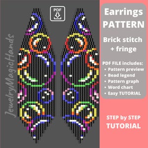 May include: A digital pattern for earrings, featuring a brick stitch and fringe design. The pattern includes a pattern preview, bead legend, pattern graph, word chart, and an easy tutorial. The earrings have a black background with colorful, abstract designs.