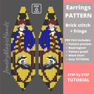 May include: A digital PDF pattern for beaded earrings. The earrings are a teardrop shape with a brick stitch design. The pattern includes a pattern preview, bead legend, pattern graph, word chart, and easy tutorial. The earrings feature blue, yellow, and brown colors.