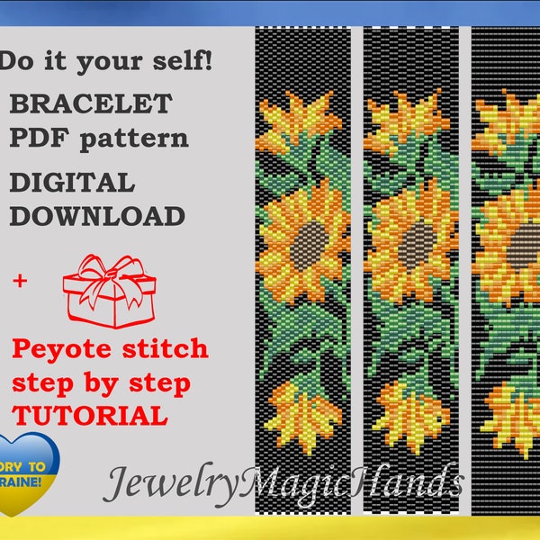 Sunflower bracelet, Peyote and loom pattern, Do it yourself, Beaded bracelet, Handmade bracelet, Instant download, Tutorial, Ukraine shops