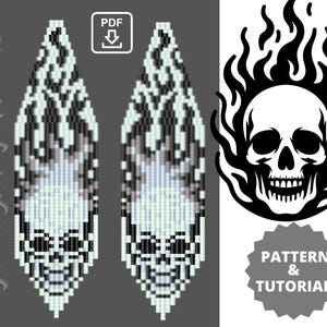 May include: A digital pattern and tutorial for beaded earrings featuring a skull with flames. The pattern is in black and white and the skull is in a light gray color.