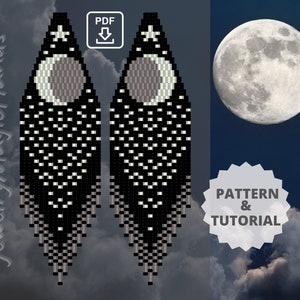 Könnte beinhalten: Ein digitales Muster und Tutorial für Perlenohrringe mit einem Halbmond, Sternen und einem Schwarz-Weiß-Farbmuster. Das Bild zeigt einen Vollmond im Hintergrund.