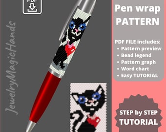 Pen wrap black cat pattern Step by step TUTORIAL pen cover Beaded peyote stitch PDF digital Do it yourself Handmade GIFT for her him