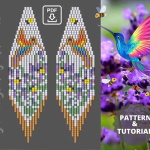 May include: A beaded earring pattern featuring a hummingbird with purple flowers and yellow bees. The pattern is available as a PDF download. The image also includes the text "JewelryMagicHands" and "PATTERN & TUTORIAL".