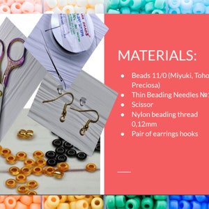 Puede incluir: Un surtido de suministros para la fabricaci&oacute;n de joyas, que incluye cuentas, agujas, tijeras, hilo y ganchos para pendientes. La imagen tambi&eacute;n incluye una lista de materiales: Cuentas 11/0, Agujas de enhebrar finas No. 11, Tijeras, Hilo de nailon 0,12 mm y un par de ganchos para pendientes.