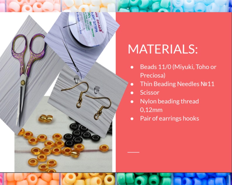 Puede incluir: Un surtido de suministros para la fabricaci&oacute;n de joyas, que incluye cuentas, agujas, tijeras, hilo y ganchos para pendientes. La imagen tambi&eacute;n incluye una lista de materiales: Cuentas 11/0, Agujas de enhebrar finas No. 11, Tijeras, Hilo de nailon 0,12 mm y un par de ganchos para pendientes.