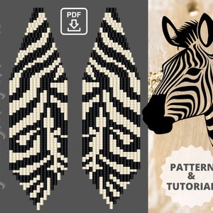May include: A digital download pattern and tutorial for beaded zebra print earrings. The pattern is shown in black and white beads. The image also includes a silhouette of a zebra head.