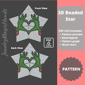 以下が含まれることがあります： 3Dビーズスターのデジタルパターン。デザインは、緑の手で形作られたハートを持つ星型を特徴としています。パターンには、プレビュー、ビーズの凡例、グラフ、ワードチャートが含まれています。