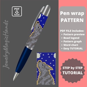 以下が含まれることがあります： 月に向かって吠えるオオカミを特徴とするビーズのペンラップパターン。パターンには、ビーズの凡例、グラフ、単語チャート、簡単なチュートリアルが含まれています。パターンはPDFダウンロードとして入手できます。