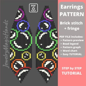 May include: A digital pattern for beaded earrings. The design features a black background with colourful geometric shapes in green, blue, orange, and white. The text on the image reads "Earrings PATTERN" and "Brick stitch + fringe". Includes a PDF file with a pattern preview, bead legend, and tutorial.