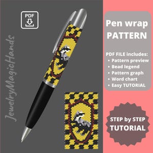 Könnte beinhalten: Ein schwarzer Stift mit silberner Spitze und einem gemusterten Wrap. Der Wrap zeigt ein gelb-schwarzes Schachbrettmuster mit einem Dachs-Emblem. Das Bild enthält auch eine Musteransicht und Tutorial-Informationen.