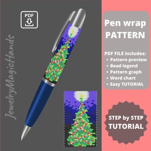May include: A PDF pattern for a beaded pen wrap featuring a Christmas tree design with a star on top. The pattern includes a bead legend, graph, word chart, and easy tutorial.