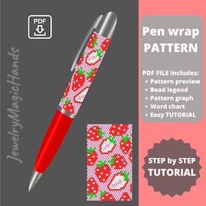 Op de afbeelding: Een kralen penwikkelpatroon met een aardbeidesontwerp. Het patroon bevat een kralenlegende, een grafiek, een woordkaart en een eenvoudige tutorial. Het patroon wordt getoond op een rode pen met een zilveren top.