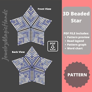 Op de afbeelding: Een digitaal patroon voor een 3D-kralenster, met voor- en achteraanzicht. Het sterontwerp heeft een mozaïek van blauwe en witte kralen. De afbeelding bevat een PDF-downloadpictogram en de tekst: "3D Beaded Star" en "Pattern".