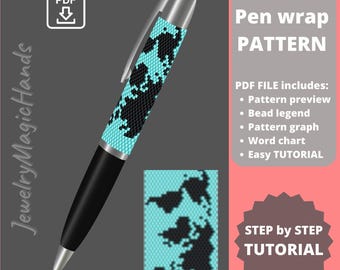 Patrón de mapa del mundo para envolver bolígrafos / TUTORIAL paso a paso / Funda para bolígrafo divertida / PDF digital con puntada peyote con cuentas / REGALO hecho a mano para ella