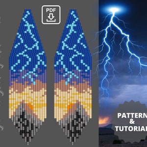 May include: A pair of beaded earrings with a blue, purple, yellow, and gray color scheme. The earrings are shaped like teardrops and feature a lightning bolt design. The image also includes the text "PATTERN & TUTORIAL" and a download icon.