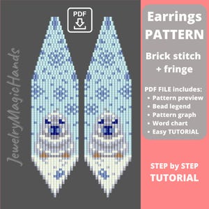 May include: A digital PDF pattern for brick stitch and fringe earrings featuring a light blue and white snowflake background with a central white seal graphic. The text includes Earrings PATTERN, Brick stitch + fringe, and PDF FILE includes.