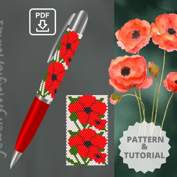 Pen wrap red poppies pattern Step by step TUTORIAL pen cover Beaded peyote stitch PDF digital Do it yourself Handmade GIFT for her