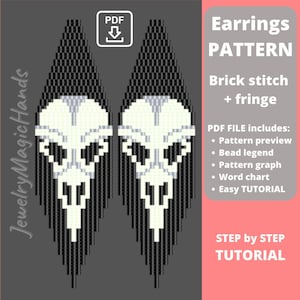 Skull Earrings pattern | Halloween long seed bead earrings | Step by step tutorial brick stitch fringe earrings | Funky Earrings | DIY PDF