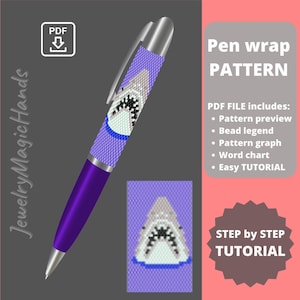 May include: A purple pen with a white and blue beaded shark design. The pen is shown against a gray background. The image includes the text "Jewelry Magic Hands" and "Pen wrap PATTERN".